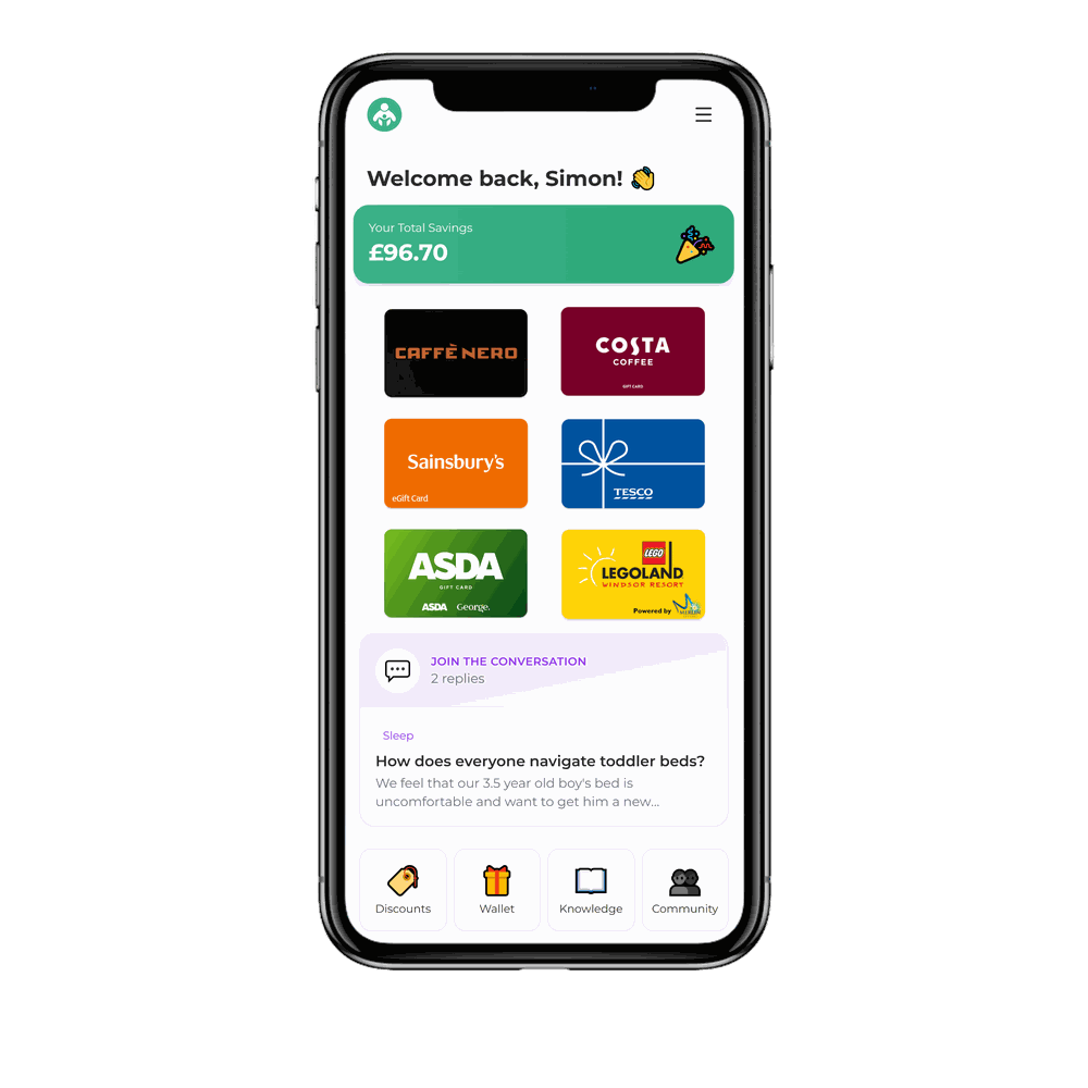 The ParentBoost app on a phone, showing family discount gift cards