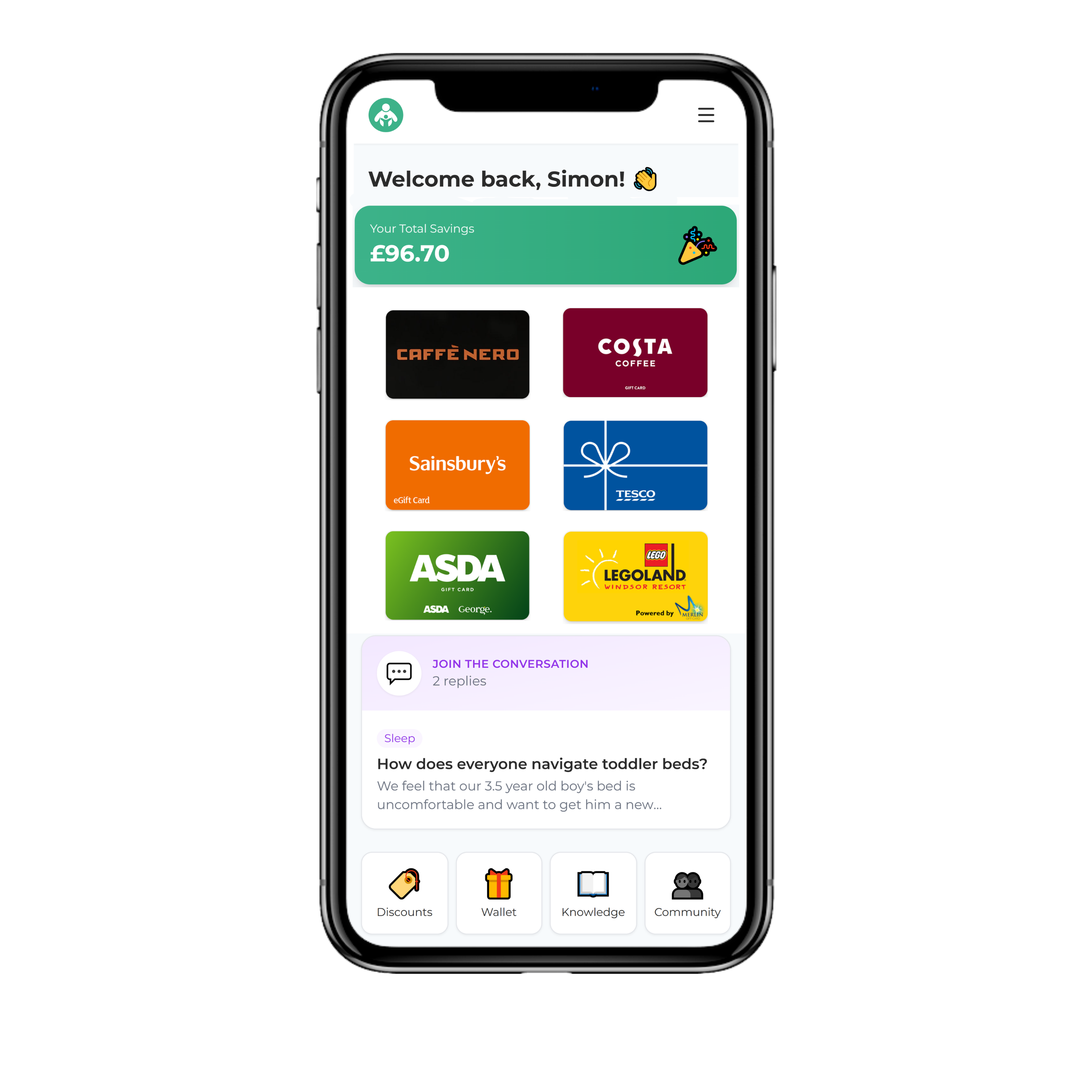 ParentBoost app showing family discount gift cards